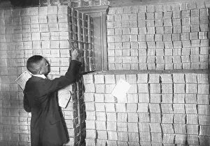 Stacks: Stack of Rentenmark in the safe of the Reichsbank, 1923