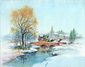 Cooke: Stagecoach crossing over bridge in snowy landscape