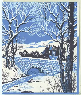 Retro Christmas: Stagecoach passing over a bridge ? in the snow