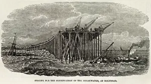 1853: Staging for the continuation of the Breakwater at Holyhead