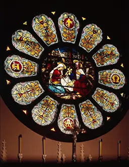 Menlo: Stained Glass. Detail of Rose Window, Church ?