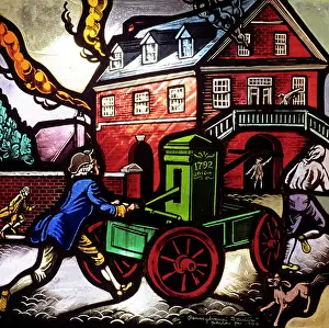 Pumper: Stained Glass Window Of Firemen Putting Out House Fire With