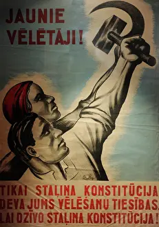 Latvia: Stalin's propaganda poster. Second Soviet Occupation. Latvia