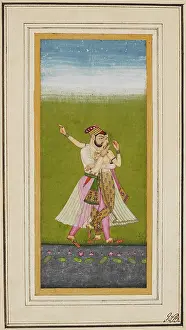 Deccan: Standing lovers embracing by a lotus pool