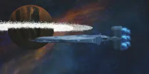 Orbit: A starship passes by a planet with a ring of asteroids