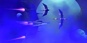 Propulsion: Starships blast past a blue planet and its moons