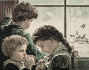 Childish: Starving children feeding birds. Published in