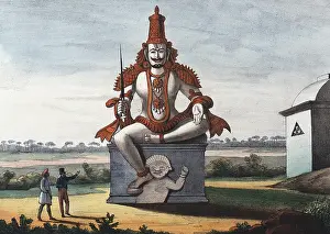 1828: Statue of a Hindu evil genie. Coloured lithograph