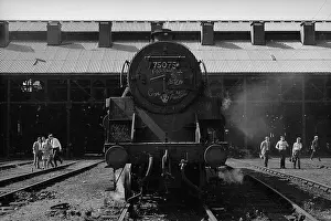 Elms: Steam engine in front of Nine Elms New Shed with onlookers