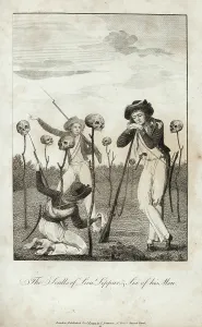 Stedman: Stedman leaning on his gun, with skulls