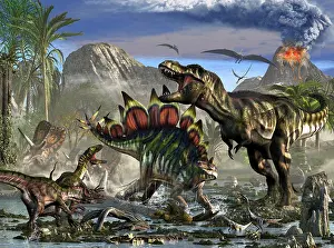 Torosaurus: Stegosaurus defending himself from T-Rex and some ?