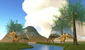 Riverbank: Stegosaurus dinosaurs grazing along a river