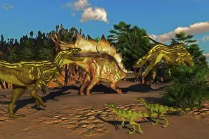 Titan: A Stegosaurus tries to defend itself from two Torvosaurus ?