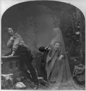 Halloween: Stereograph shows a ghost scaring man and ?