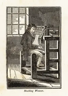 Weft: Stocking weaver seated at a loom in a workshop