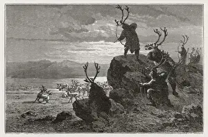 Palaeolithic: Stone Age men hunting reindeer