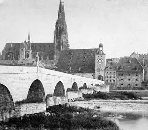 Danube: Stone bridge in Regensburg, around 1900