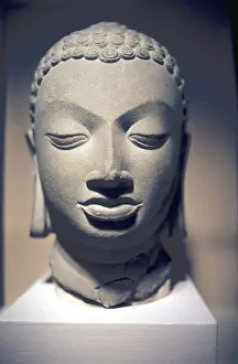 Buddhism: Stone head of Buddha, Gupta, 5th centry AD. Sarnath