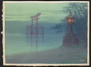 Torii: Stone lantern on shore and a torii in a lake