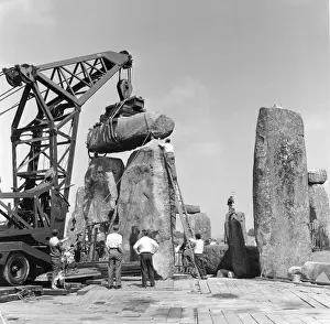 Trilithon: Stonehenge. Re-erection of Trilithon lintel in 1958