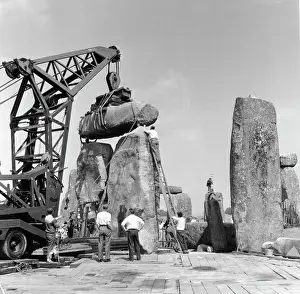 Trilithon: Stonehenge. Re-erection of Trilithon lintel in 1958