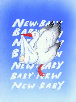 Nappy: Stork flying along holding a baby in a nappy