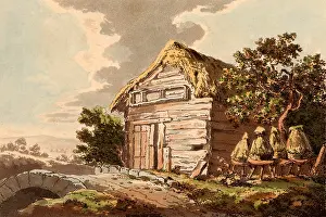 Honey: Straw bee skeps by a rustic barn. Aquatint published