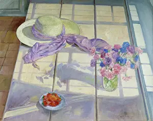 Carnations: Strawberries, carnations and a straw hat