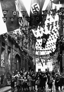 Enthusiastic: Street adorned with swastika flags