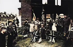 Battersea: Street celebration with flags, VE Day