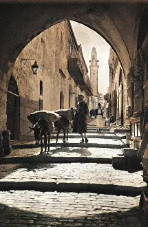 Sloping: Street with people and donkeys, Jerusalem
