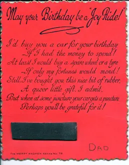 Puns: Strip of rubber with comic verse on a birthday card