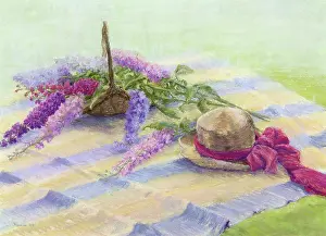 Edgerton: Striped rug, flowers in basket & straw hat