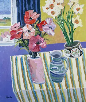 Narcissi: Striped Tablecloth ' flowers in a vase