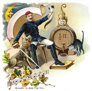 Frat: students, student drinking and singing, lithograph