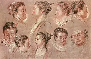 1715: Studies of Women's Heads and a Man's Head, by Watteau