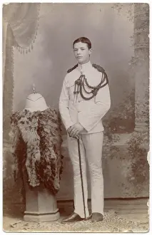 Aiguillette: Studio photo, young soldier in white uniform, Far East