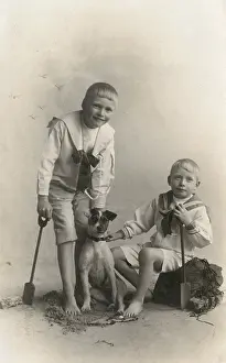 Ryde: Studio portrait, two boys with Jack Russell terrier