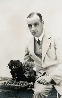 Pekes: Studio portrait, man with Pekingese dogs