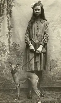 Whippet: Studio portrait, tall girl with whippet