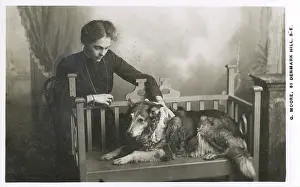 Nellie: Studio portrait, woman with dog on bench