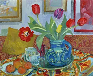 Elmes: Studio Tulips ' tulips in jug on tray