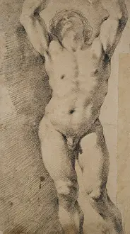Guercino: Study of a nude Youth with Arms raised