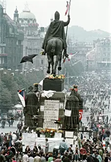 St Wenceslas: St.Wenceslas monument - protest - protesters - Prague