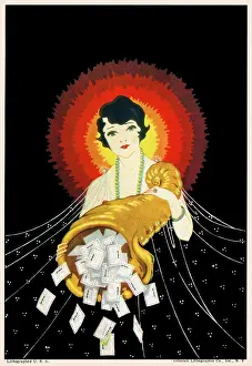 Packets: A stylised 1920s Woman holding a cornucopia of dye packets
