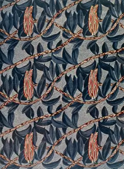 Repeated: Stylised floral design in blue, red and grey