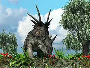Styracosaurus: A Styracosaurus samples flowers of the order Ericales