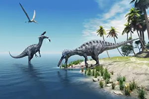 Estuary: Suchomimus dinosaurs feed on fish on the shoreline