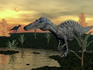 Cypress: Suchomimus dinosaurs walking next to pond at sunset