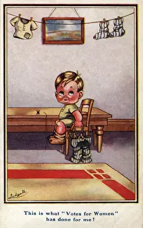 Darning: Suffragette Boy On Chair Sewing